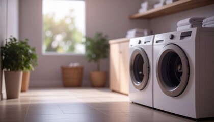 Bright laundry room featuring modern washing machines, plants, and natural light for a clean, organized home setting.