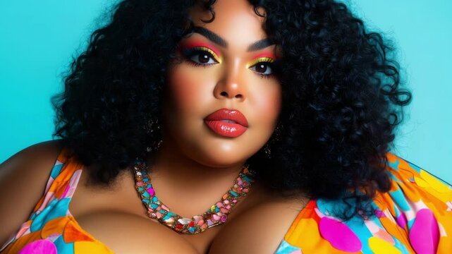 A model showcases colorful attire and bold makeup against a bright background, highlighting creative fashion expression and confidence