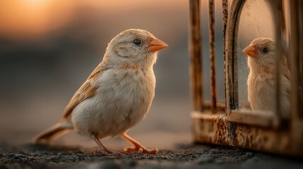 Close-Up of a Small House Sparrow Perched Beside an Open Golden Birdcage, Reflecting Hope and Freedom at Golden Hour