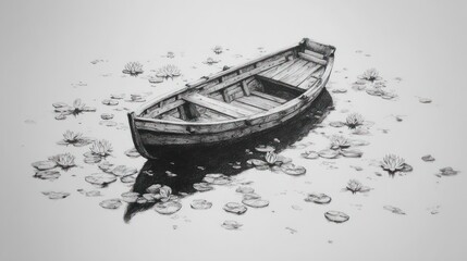 Obraz premium Monochromatic sketch of a small boat on a lily pad-filled pond