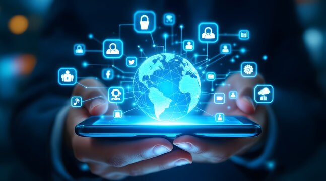 Hands holding smartphone displaying glowing global network of digital icons and connections