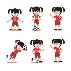 Set of Cute Chinese Girl Cartoon Character Playing Football