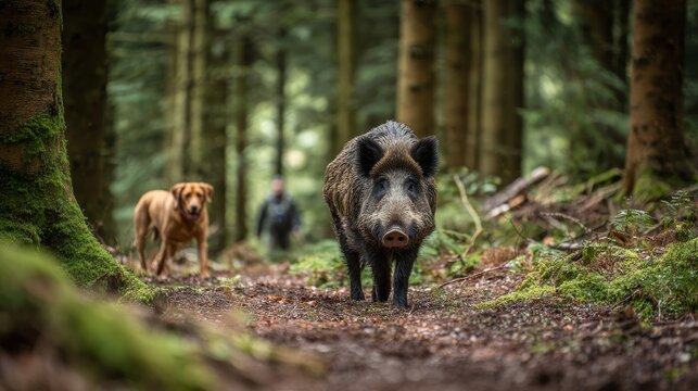 Wild boar standing in forest clearing with alert hunting dog in background, symbolizing wildlife tracking, hunting, predator-prey interaction, forest environment, survival, and woodland ecosystem
