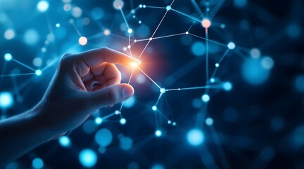 Human hand touching glowing node in a digital network structure
