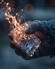 Surreal Close-Up of a Frost-Covered Hand Holding a Glowing Ice Shard Emitting Fiery Sparks in a Dark Environment