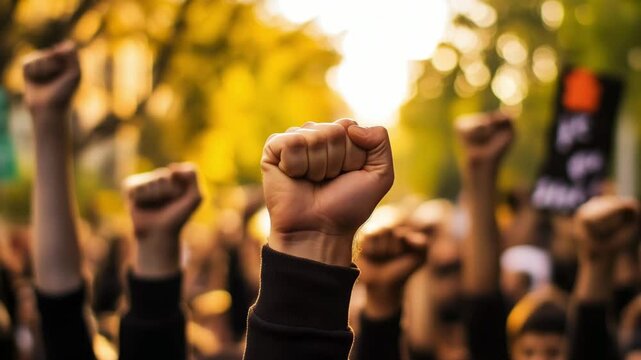 Participants demonstrate unity by raising their fists in a show of solidarity during a protest in a bustling urban area