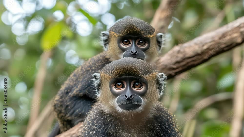 Poster monkeys interact with each other while perched on a branch, showcasing their playful nature and curi