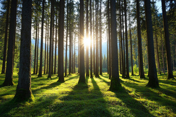 Sunlight filters through tall trees in a tranquil forest setting
