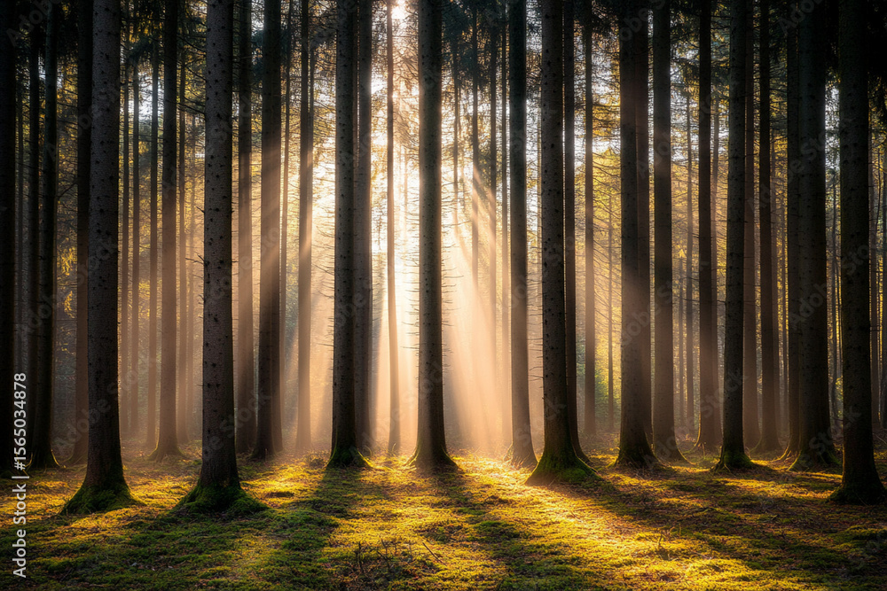 Poster sunlight filters through trees in a serene forest setting