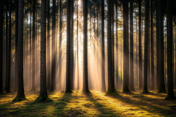 Sunlight filters through trees in a serene forest setting