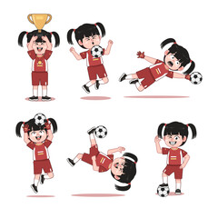 Set of Cute Chinese Girl Character Playing Football