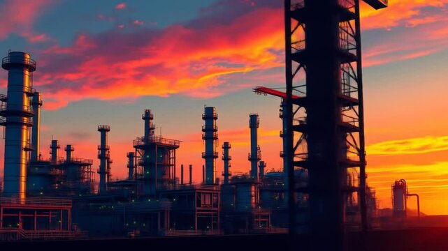 Oil refinery industry, petrochemical plant under dramatic sunset sky. Energy sector infrastructure with towers, tanks, pipelines. 4k video