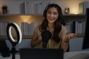 Content Creator Engaging in Live Streaming with Headphones