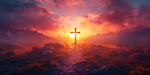 Naklejka premium Sunset over the mountains with a cross in the foreground highlighting a moment of reflection and serenity