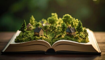 Creative concept of tiny houses and trees on an open book, symbolizing imagination and storytelling.