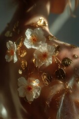 Elegant Close-Up of a Person's Shoulder Adorned with White Flowers and Golden Leaves, Illuminated by Soft Sunlight