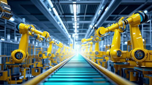 Yellow industrial robotic arms positioned symmetrically along automated conveyor line in high-tech manufacturing facility. Precise machinery arranged in parallel rows with glowing conveyor belt