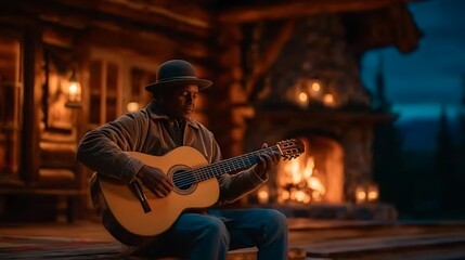 Man playing guitar with cabin, fire, and night.