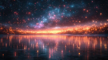 A serene shoreline reflected in a tranquil body of water, bathed in the glow of a starry night.