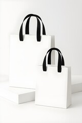 Dua tas belanja/hadiah putih polos dengan gagang hitam, satu besar satu kecil. Cocok untuk mockup, branding, atau konsep hadiah. shopping bag icon