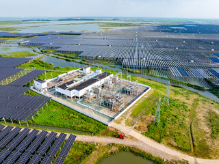 Aerial view of solar photovoltaic power station