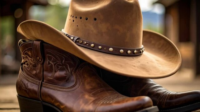 Leather cowboy boots with decorative stitching and a brown western hat resting on them for a rustic, southern style display.