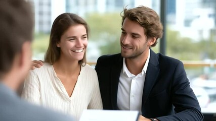 Young couple leans in to study real estate contract, agent across table with reassuring gesture, city buildings seen through window.