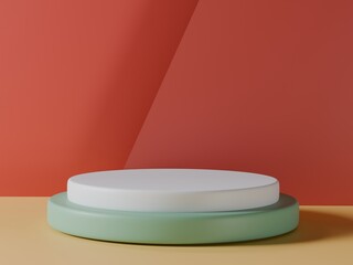 Stage Show product and podium green, blue, white  pastel color for the background red pastel and lighting style minimal pastel