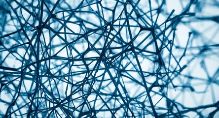 Abstract network of interconnected blue lines against a white background creating a complex pattern