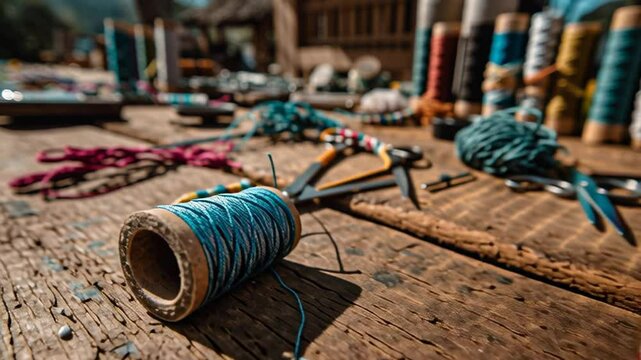 Colorful spools of thread and crafting tools are scattered on a rustic wooden table, showcasing the vibrant textures and materials used in creative textile projects