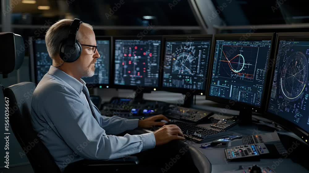 Poster professional focused on data analysis in a high-tech control room filled with screens, highlighting 