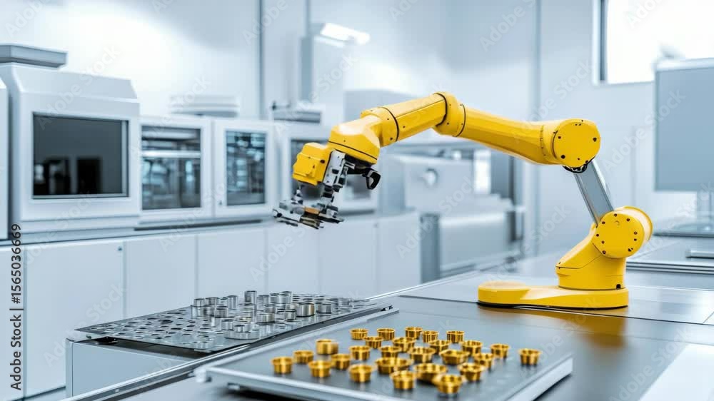 Poster a robotic arm efficiently assembles intricate components in a cutting-edge facility dedicated to adv