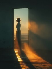 Doorway to Serenity: Woman Silhouetted by Sunset Over Ocean, Embracing Freedom, New Beginnings, and The Vastness of Nature