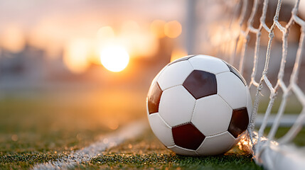 Fototapeta premium Soccer ball resting in goal net on grassy field during sunset, showcasing vibrant colors and warm atmosphere of evening sports activity. Selective focus