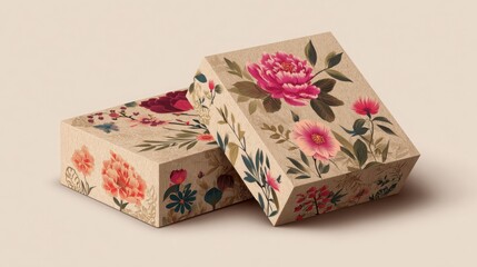 Peony Flower Printed Gift Boxes on Soft Beige Background for Elegant Packaging