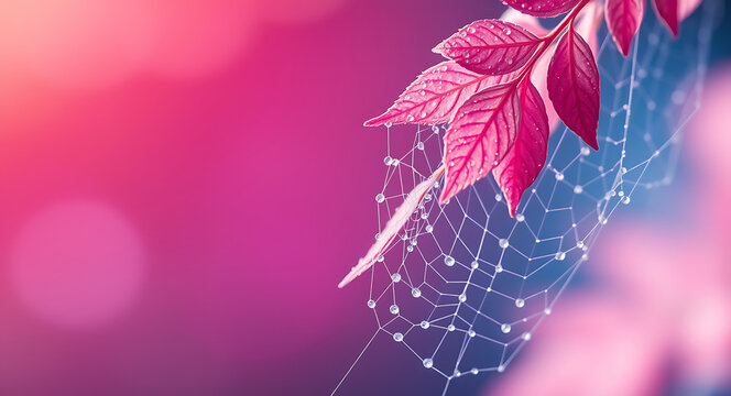 Crimson leaves dew drops on spider web water droplets nature