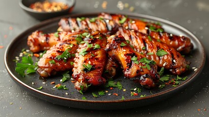 Delicious grilled chicken wings glistening with a savory glaze on a dark plate, ready to be enjoyed for lunch or dinner.