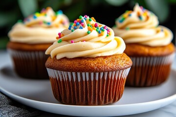 Delicious Cupcakes with Creamy Frosting and Colorful Sprinkles, Close-Up