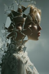 Fractured Reflection: Elegant Woman with Shattered Mirror Pieces on Face, Highlighting Identity, Inner Turmoil, and the Search for Wholeness