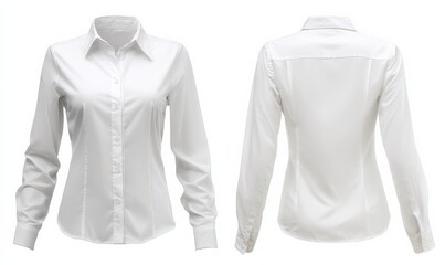 A white long-sleeve female button-up shirt displayed from the front and back view.