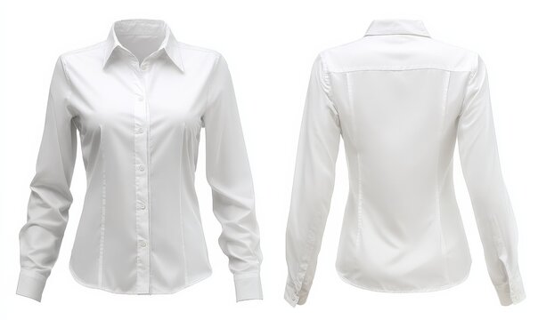 A white long-sleeve female button-up shirt displayed from the front and back view.