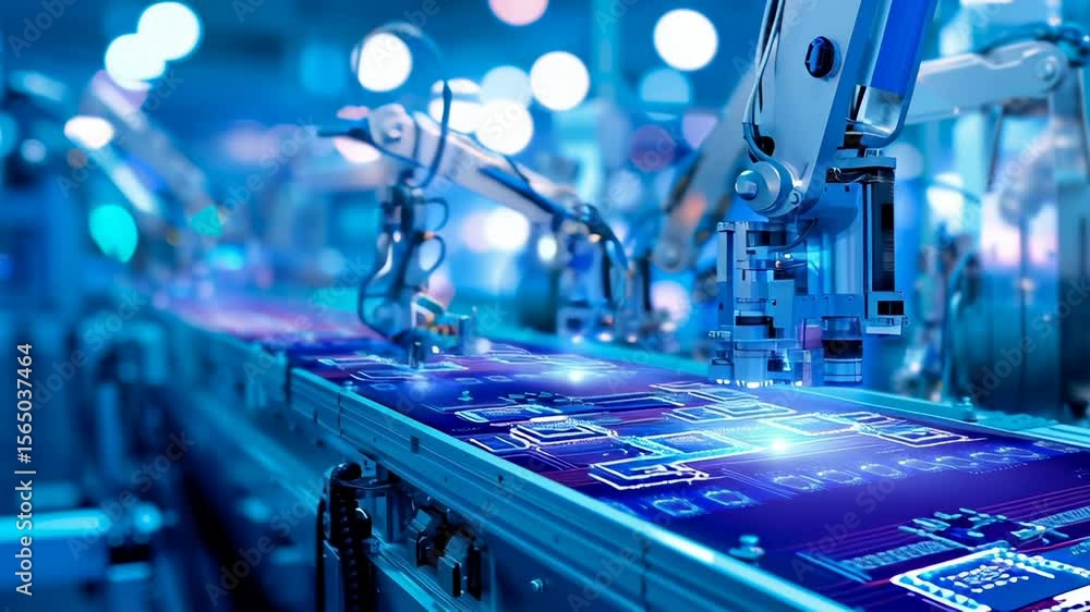 Poster robotic arms performing intricate circuit board assembly on high-tech manufacturing line. sophistica