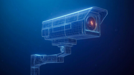 A low polygon CCTV security camera wireframe mesh displayed on a blue background