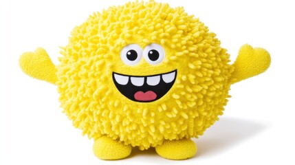 Playful yellow fuzzy ball toy with a happy face.