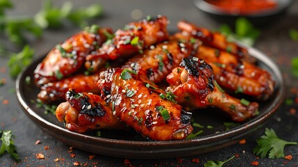 Delicious teriyaki chicken wings garnished with parsley and sesame seeds served on a black plate, close up shot.