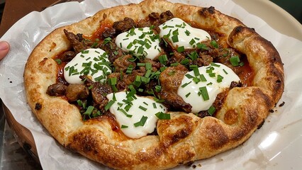 Savory turkish pide loaded with meat and cheese