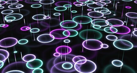 Abstract background of green and purple neon raindrops. Digital multicolor glowing background. 3d rendering