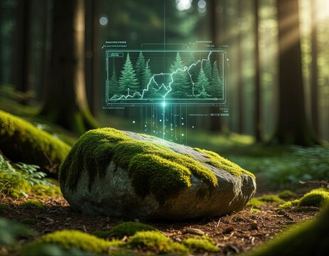A mossy rock projects a glowing route map in mid-air for hikers.