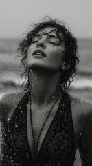 Beautiful Young Woman with Wet Hair and Closed Eyes Under Rain in Ocean, Serene Black and White Portrait of Female Enjoying Nature and Summer Shower