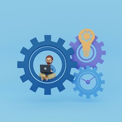 Man working on laptop, generating ideas, innovations, creativity. Business process automation. Lamp with gear and clock. 3D rendering.
